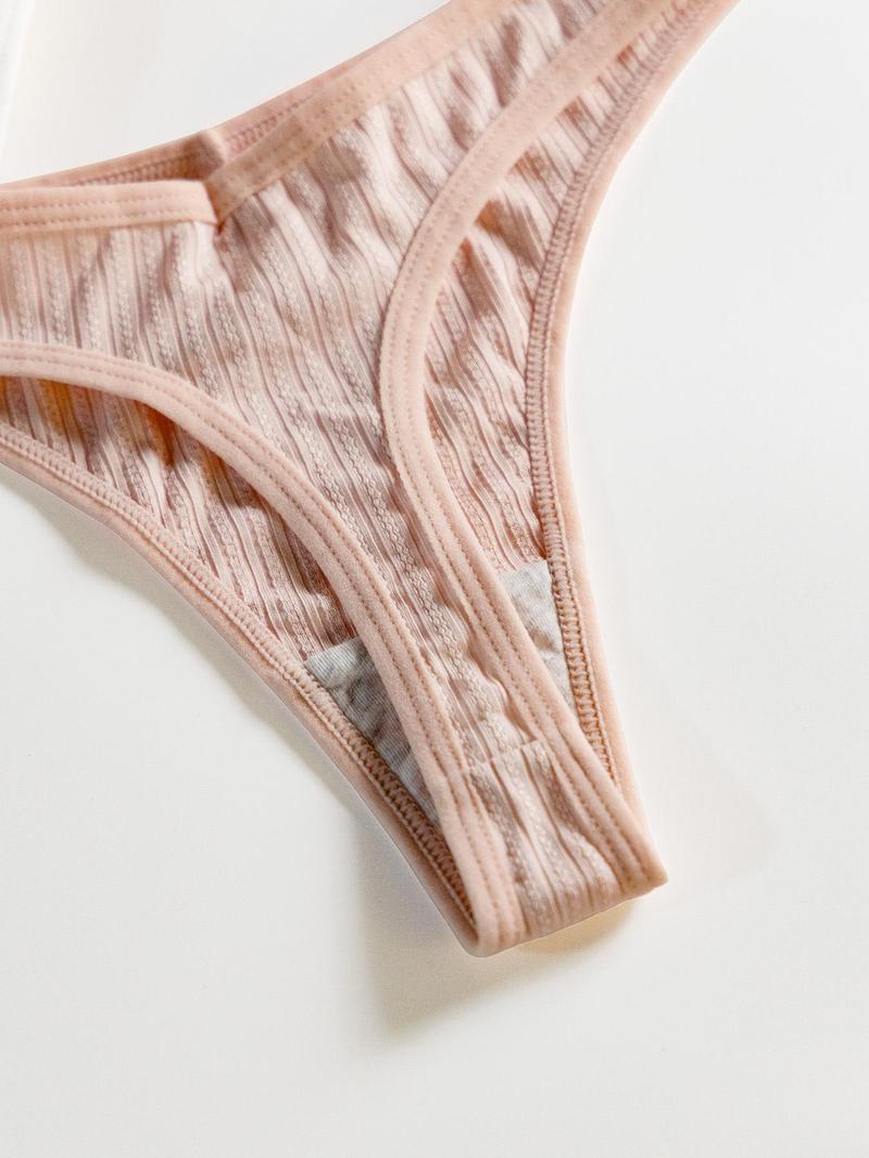 Women's Solid Drop Waist Thong, Summer Wear, Casual Comfortable Fit Ribbed Panty for Daily Wear, Ladies Underwear for All Seasons, Breathable Underwear