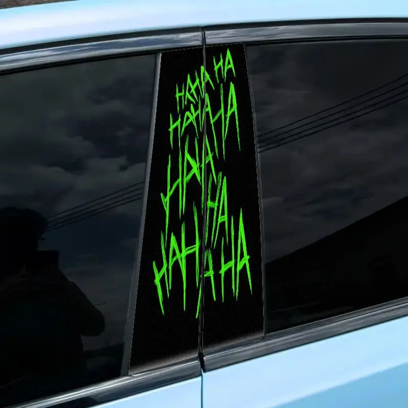 2 pieces of fashionable "HA HA HA" neon green B-pillar stickers - creative design, bright colors, durable vinyl material, waterproof self-adhesive, perfect for car decoration and adding a unique style to your vehicle
