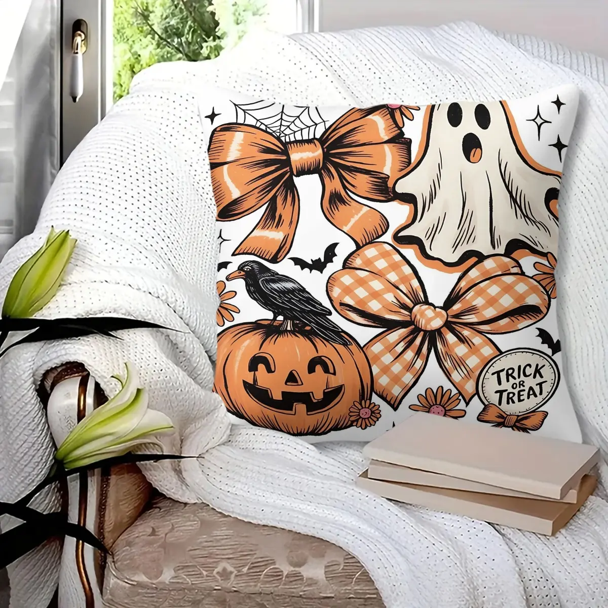 1pc hug pillow, spooky halloween decorative throw pillow, trick or treat ghost gingham bow pumpkin raven design, soft cozy durable, fade-resistant, wrinkle-free, machine washable, perfect for bedroom sofa couch living room halloween party home decor