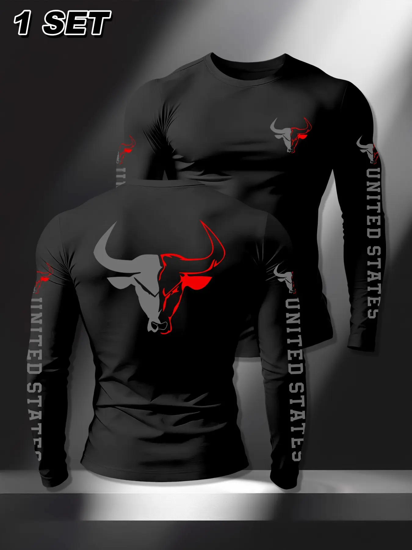 American Bull Head Color Block Fitness Tight Long Sleeve Muscle Men's Top, Strength Training Muscle Show Sports Shirt, Outdoor Running Cycling