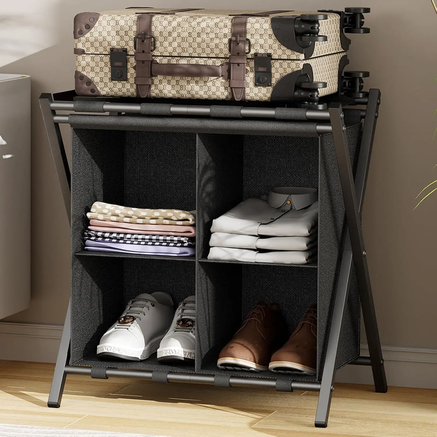 Folding Luggage Rack with Fabric Storage Shelf, Steel Foldable Suitcase Stand Luggage Holder for Guest Room, Bedroom, Hotel, Black