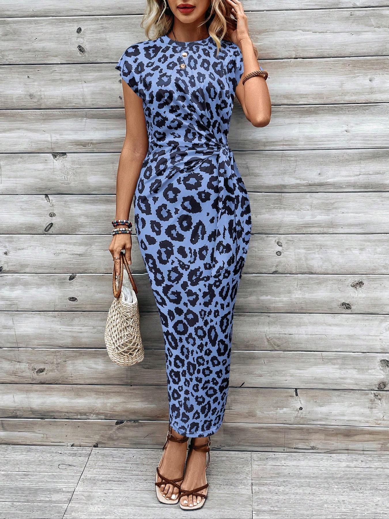 Women's Leopard Print Knot Bodycon Statement Dress, Round Neck Sleeve Long Dress for Formal Parties, Holidays & Weddings, Ladies Summer Clothes
