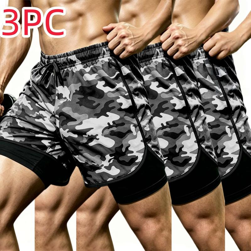 3PC Men's Camouflage Sports Shorts -2-in-1 Sweat Resistant and Breathable, Lightweight and Elastic, Camouflage Print, Adjustable Drawstring Elastic Waist, Suitable for Gym Training, Jogging and Outdoor Sports
