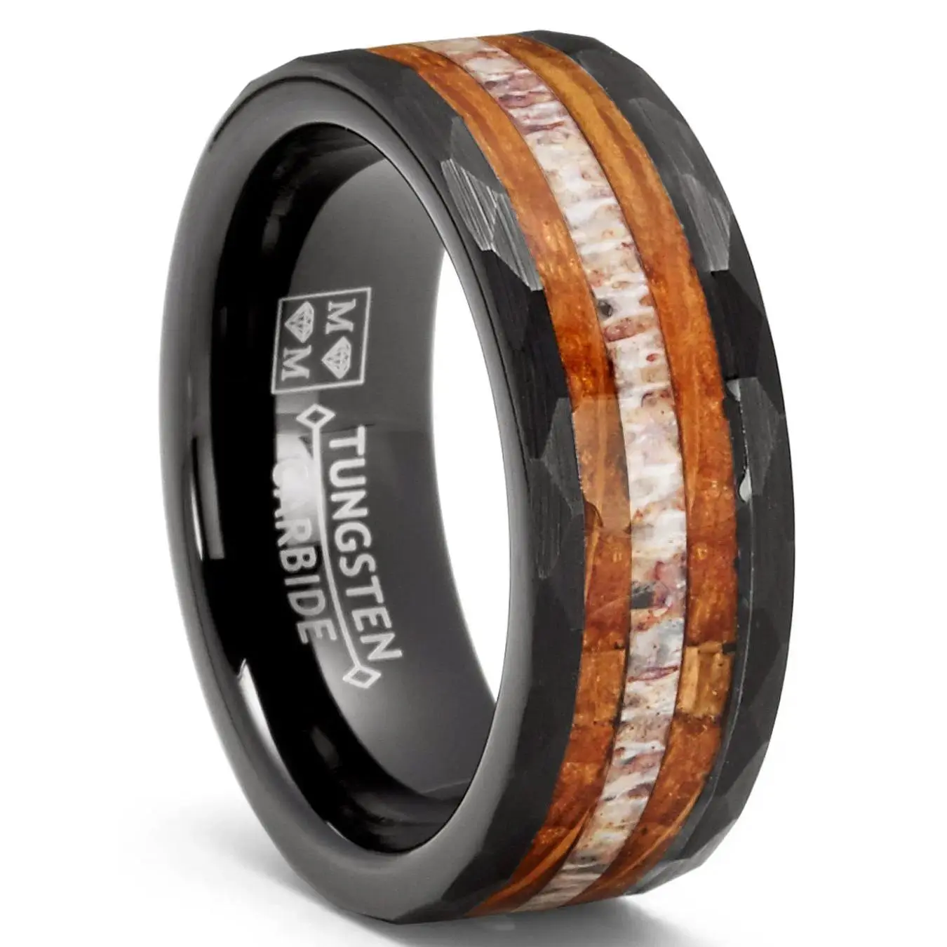 Men's 8mm Wedding Band, Hammered Tungsten Carbide Ring with Real Deer Antler and Whiskey Barrel Wood Inlay, 8 Millimeters