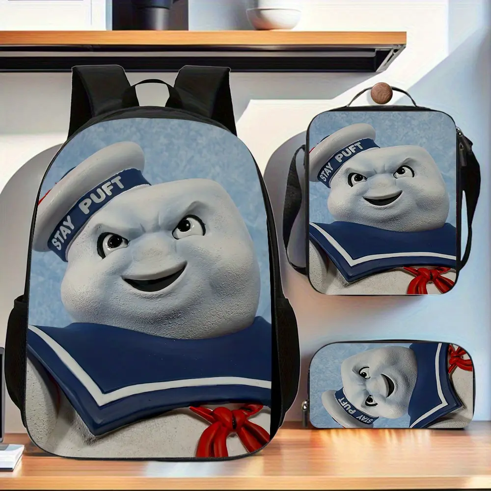 Ghostbusters Marshmallow Sailor Backpack Three-Piece Set with Padded Shoulder Straps, Matching Tote Bag and Pencil Case for Commuting and Leisure