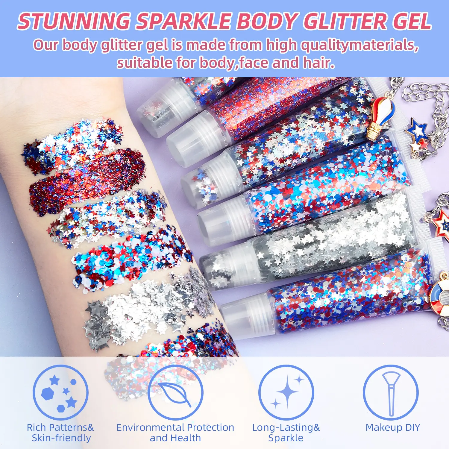 Red, white, and blue face and body glitter gel, Shimmering Body Glitter, Independence Day star-shaped chunky glitter cream, holographic hair, eye, and lip cosmetic glitter
