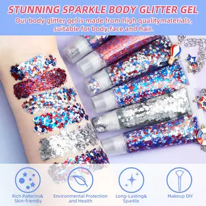 Red, white, and blue face and body glitter gel, Independence Day star-shaped chunky glitter cream, holographic hair, eye, and lip cosmetic glitter