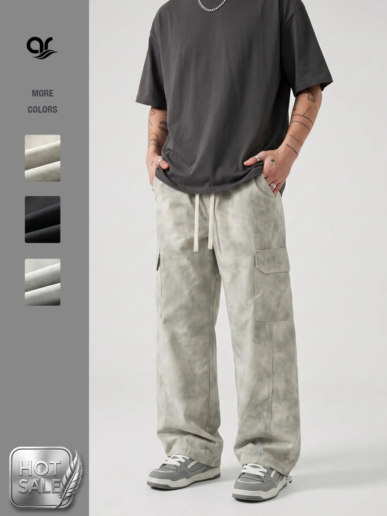 AR Men's Baggy Cargo Pants Casual Fashion Loose Y2K Streetwear Wide Leg Parachute Pants Vintage Tie-Dye Elastic Waist Drawstring Casual Trousers for Skate Dance Everyday Wear