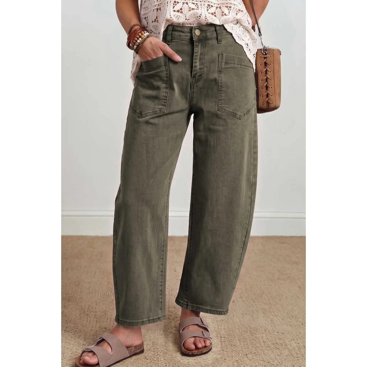 Women's Stretchy Cotton Denim Bottoms - Mid Rise, Ankle Length, Baggy Wide Leg Cropped, Square Patch Pockets, Everyday Solid Casual Wear, Spring Comfortable Breathable Bottoms, Cold Wash #FallFashion #FallOutfits, Relaxed Blend