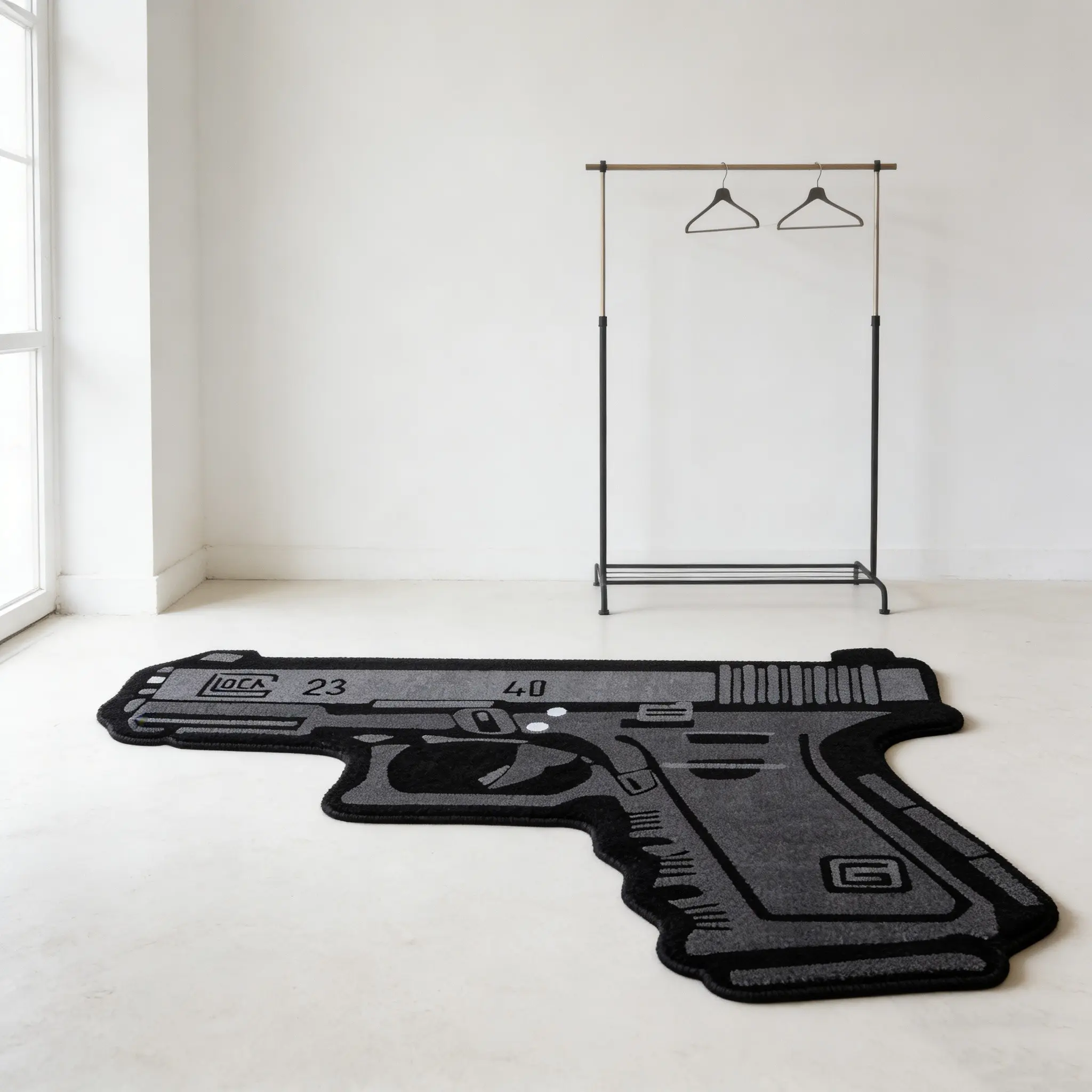 Gun shaped irregular design carpet, black gray contrasting color plush floor mat, entrance anti slip and wear-resistant foot mat, Floor Mats For House, decoration mat suitable for ins style/street trend home decoration, Home Decor Rug, Decorative Rug