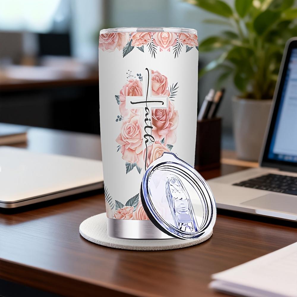 20oz Stainless Steel Tumbler with Lid & Straw - Vacuum Insulated, Double-Wall Travel Mug, Portable Cup with Time Marker Markings & Flower for Coffee, Tea, Juice - Gift for / (Valentine's, Mother's