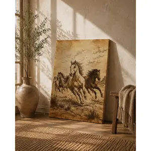 Running Horses Canvas Wall Art, Vintage Sepia Horse Poster, Rustic Western Animal Decor for Living Room, Bedroom, Office, Study, Farmhouse, Ranch Room, Unframed Canvas Poster or Framed Canvas Wrap