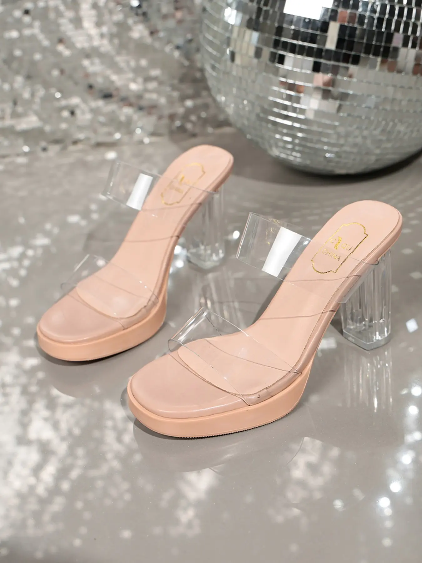 Women Clear PVC Dual Strap Platform Crystal Block Heel Slide Mules，Open Toe Slip On Cushioned Insole Anti-Slip Transparent High Heel Party Sandals，Date Wedding Club Evening Footwear，1 Color Nude