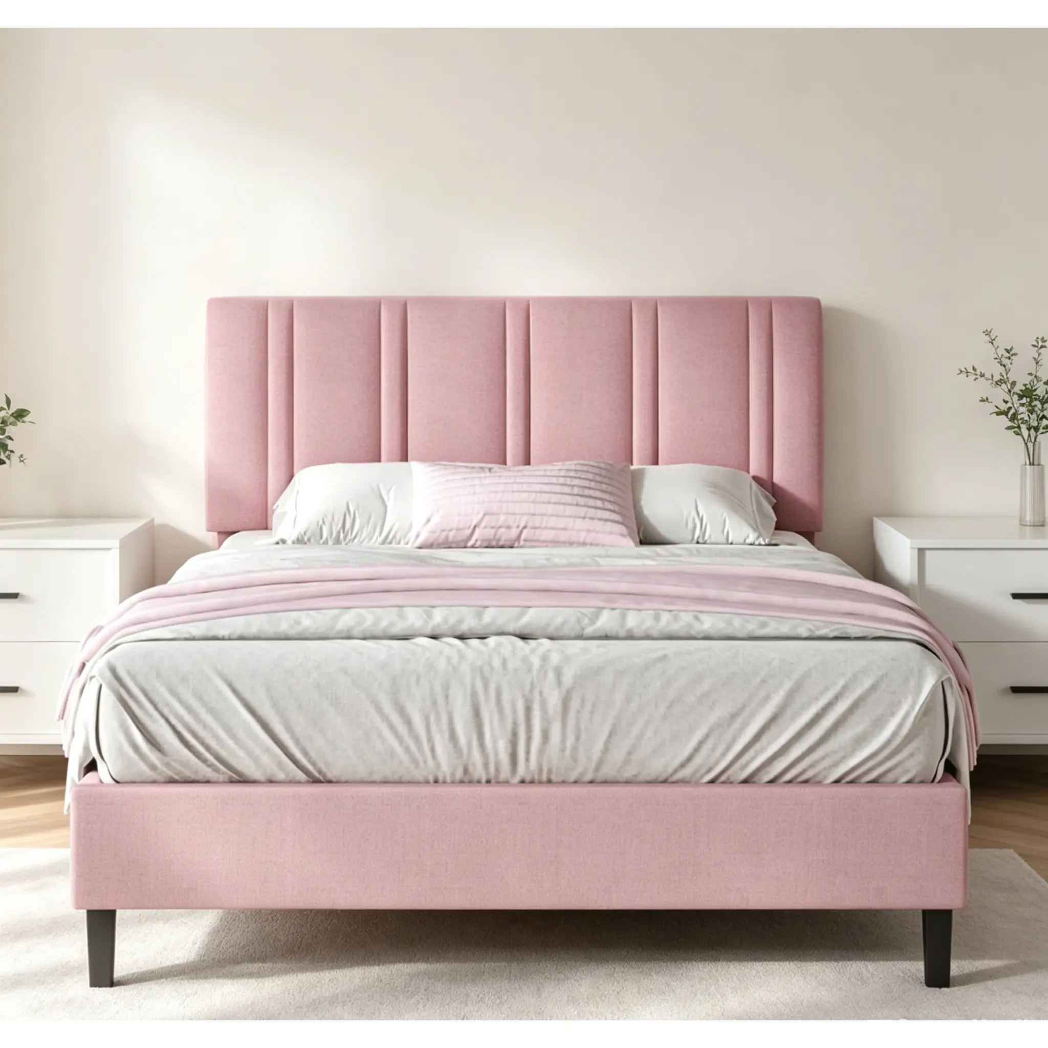 Bed frame with upholstered headboard, linen fabric flat bed frame with tufted upholstered headboard, no spring mattress required, easy to assemble, available in pink/white/black/blue, single/double/king size options