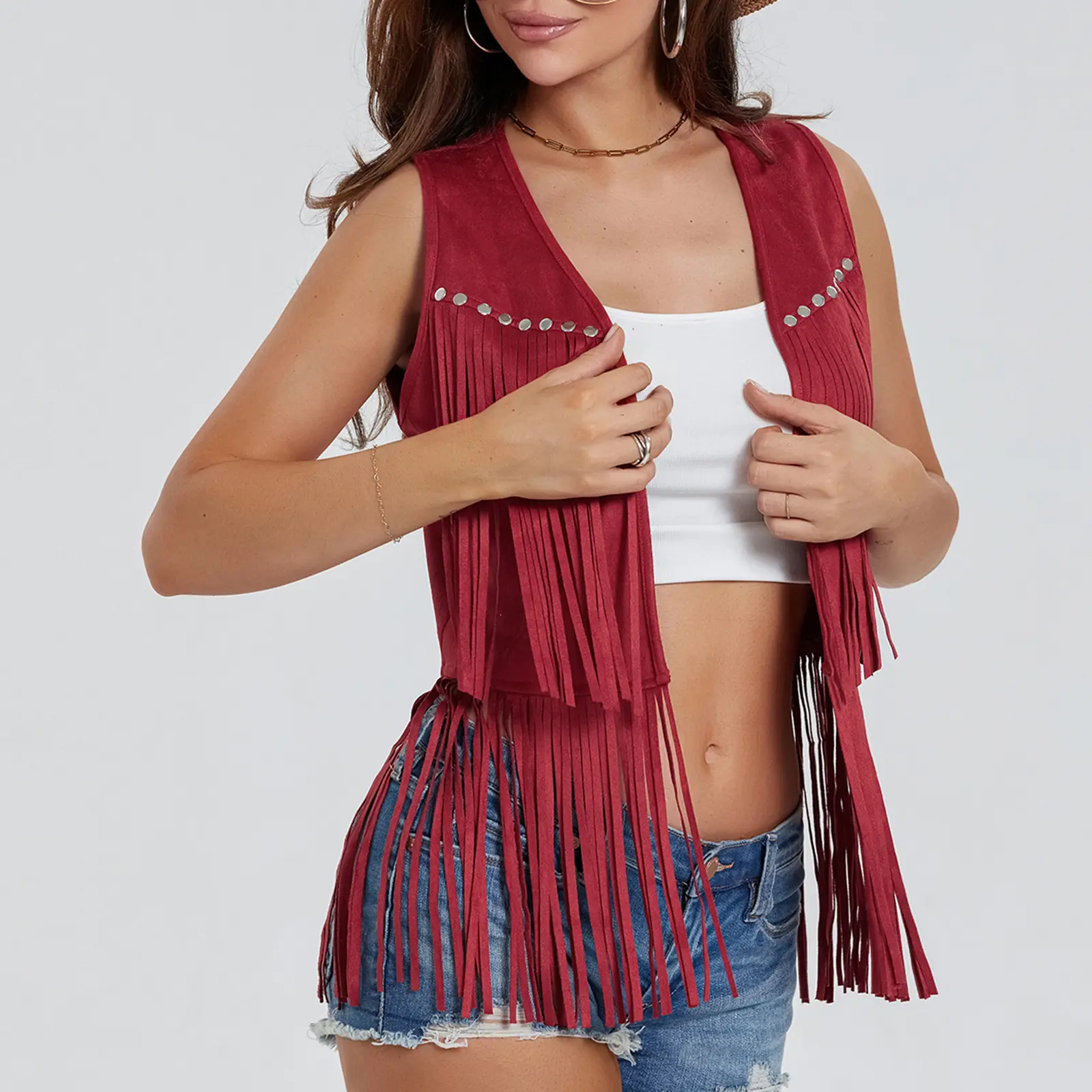 Women Hippie Waistcoat Vest Lightweight Solid Color Open Front Sleeveless Jacket with Tassel for Streetwear Outerwear Winter Womenswear