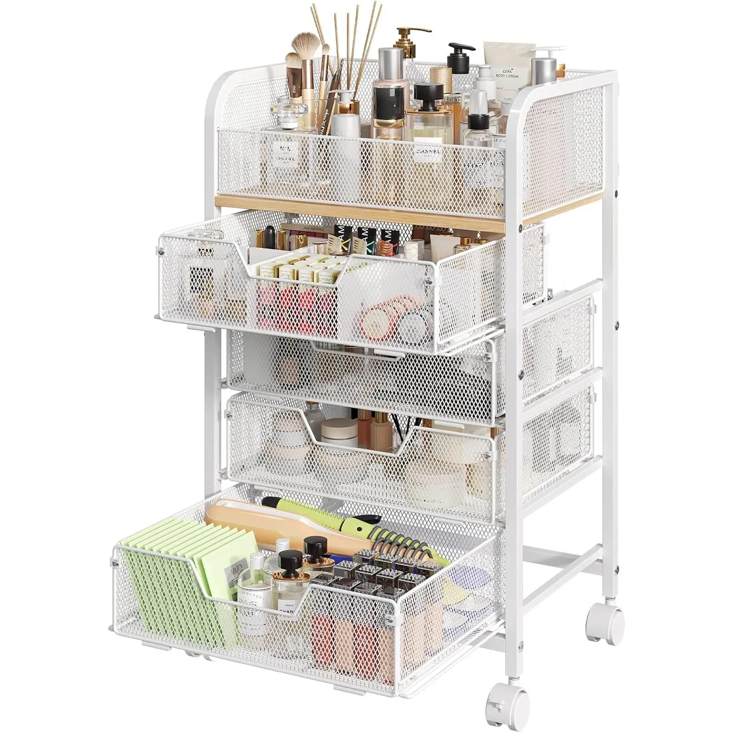Makeup Cart Organizer with 4 Drawers, Rolling Makeup Cart, White| Large Skincare Organizers Cosmetics Display Makeup Cart for Skin Care Perfume Nail Polish