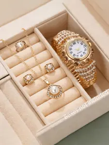 5pcs/set Vintage Elegant French Pearl Watch Set, Rhinestone Bracelet Watch + Square Pearl Jewelry, Gift for Birthday, Mother's Day, Valentine's Day