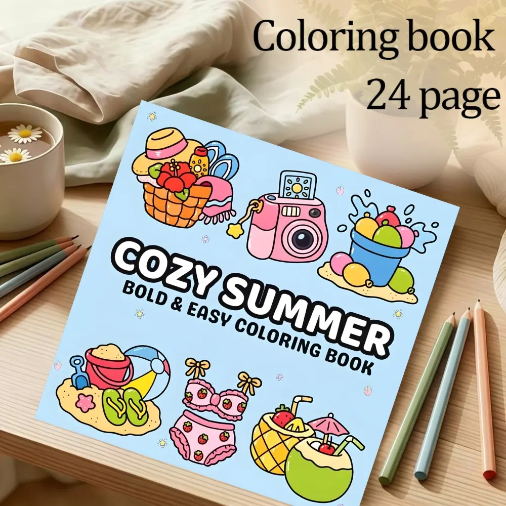 Comfortable Summer Theme Coloring Book, 24 Original Designs, 7.9in X 7.9in, Thick Paper, Perfect Gift for Christmas, New Year, Parties