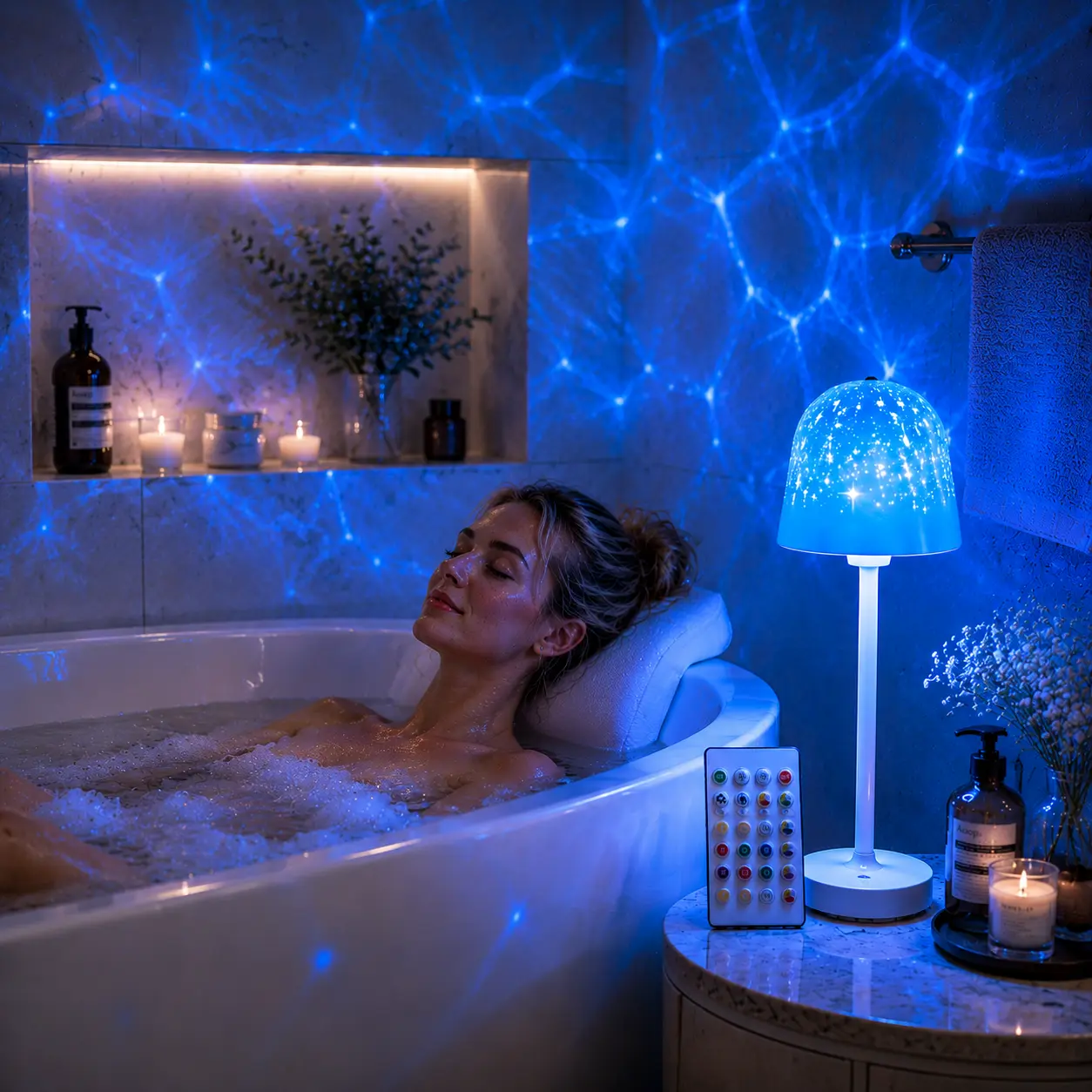 Rechargeable RGB LED Shower Lamp with Ocean Wave Projector, Waterproof Indoor Bathtub Lighting, Touch & Remote Control, 16 Ambient Modes, Warm White Light, Color Changing Music Rhythm Beautiful Water Ripple Effects