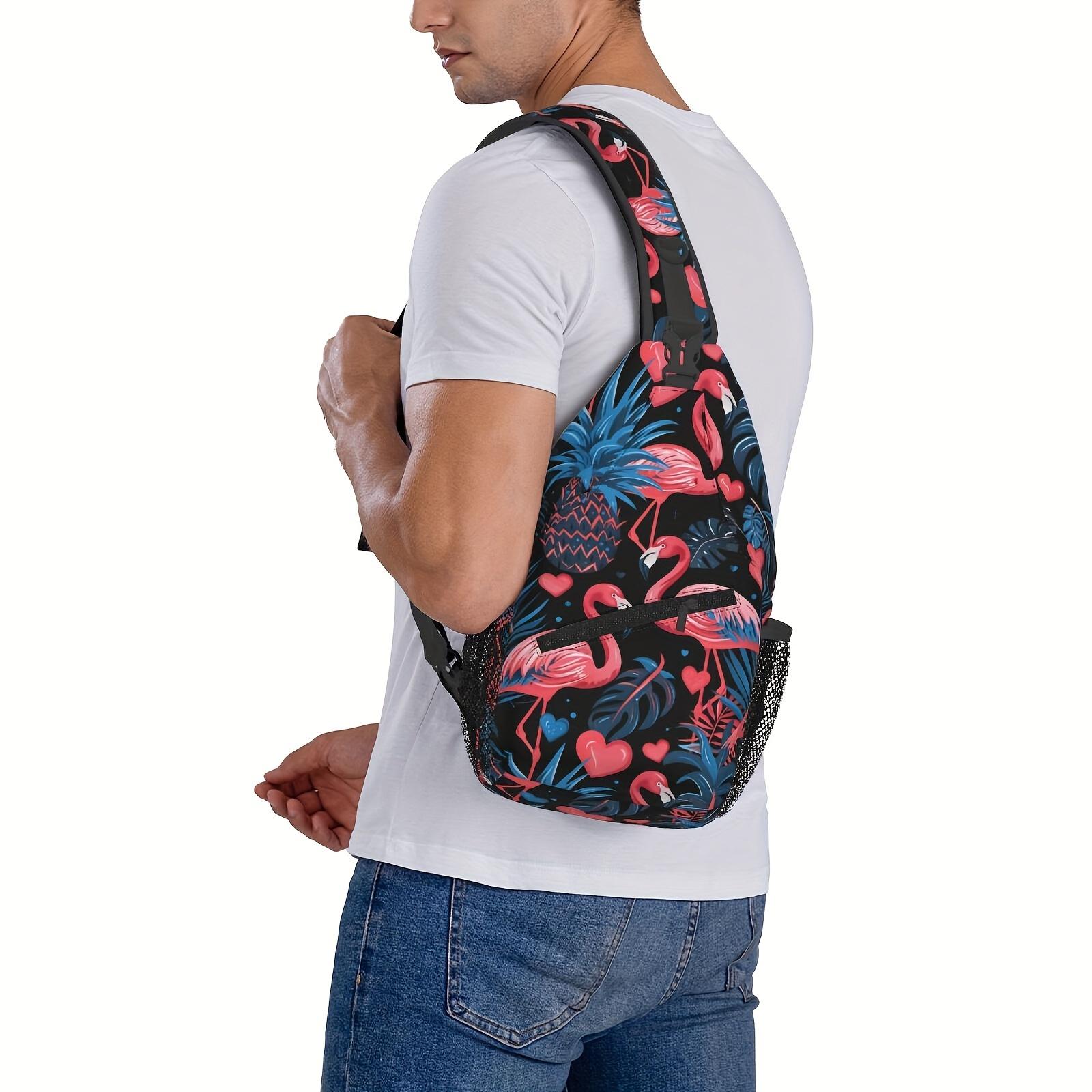 A Versatile Crossbody Chest Bag Designed for Hiking, Featuring a Stylish Palm-Leaf Flamingo Pattern. This Folding Backpack Offers Ample Storage And Durability, Making It Suitable for Shopping, Work, Leisure Travel, Beach Outings, Fishing