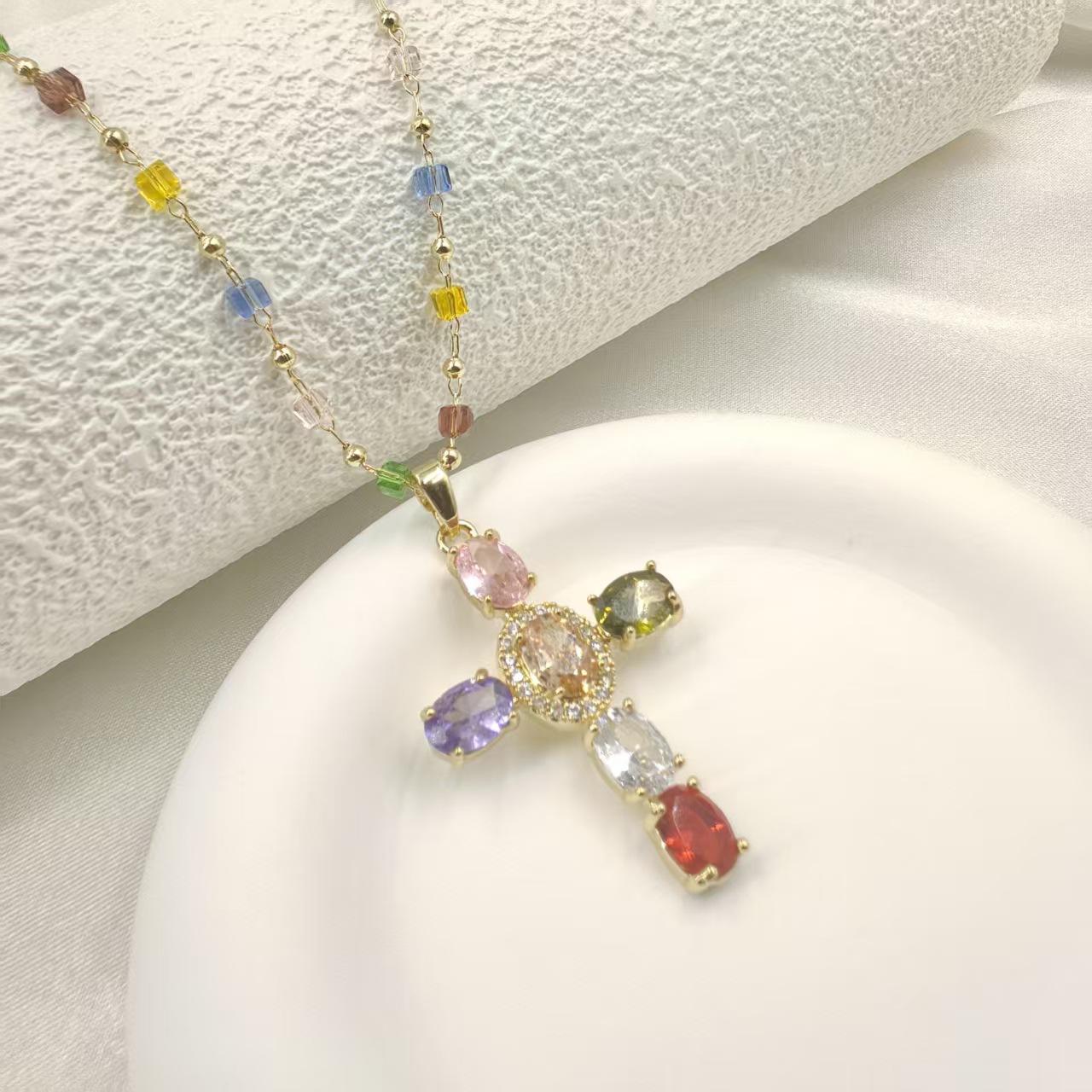 Colorful Zircon Cross Pendant Necklace, Rainbow Crystal Beaded Chain Dainty Gold Plated Necklace, Vintage Y2K Religious Cubic Zirconia Necklace for Women, Adjustable Fashion Jewelry for Daily Party Gift