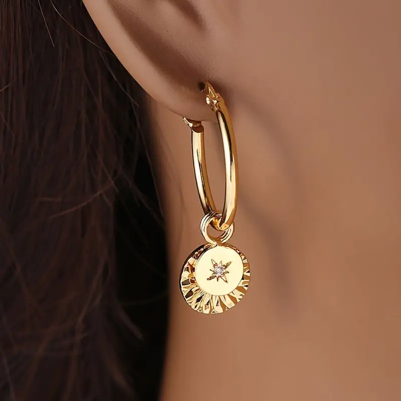 14K Gold Dainty Hoop Drop Earrings Double Layer Sunburst Coin Charm Micro Pave CZ North Star Pendant Vintage Aesthetic Stackable Statement Jewelry Daily Casual Party Banquet Gift For Women Teen Girls Her