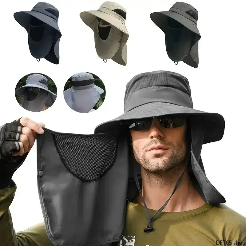 Wide Brim UPF UV Blocking Fishing Sun Hat Built In Detachable Neck Flap Light Breathable Quick Dry Fabric Unisex Youth Adjustable Fit For Fishing Hiking Camping Outdoor Activity Sun Shield Headwear Accessory