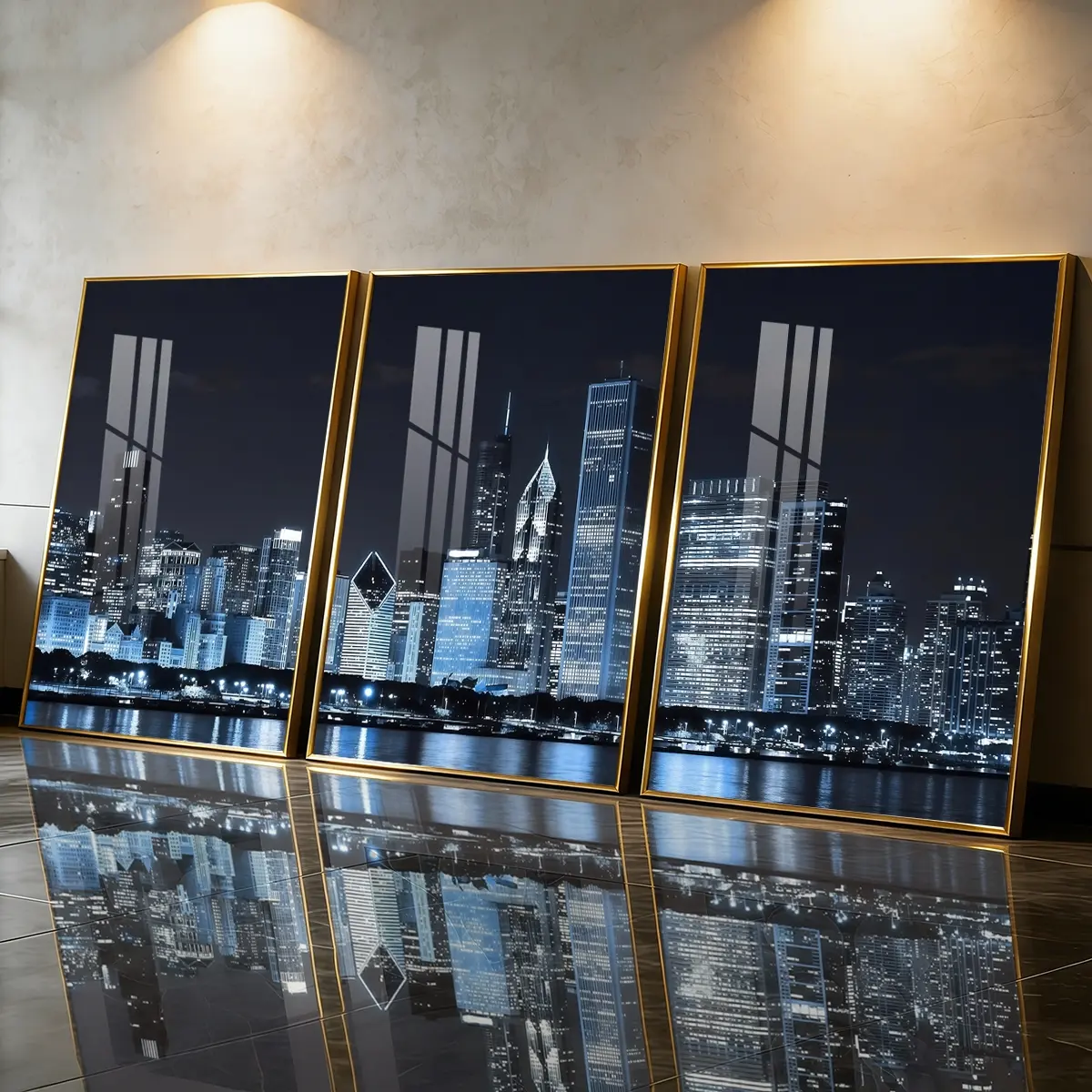 3 Count Aluminum Alloy Frame Canvas， City Night Skyline Fashion Poster， Modern Living Room Decoration， Light Luxury Family Art， Suitable For Bedroom， Corridor And Office Wall Decor， Gift