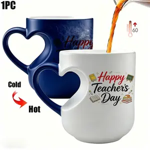 Teacher Appreciation Gift, Heart Shaped Handle Color Changing Mug, Blue Heat Sensitive Magic Ceramic Coffee Cup with Happy Teacher's Day Print,11oz 330ml