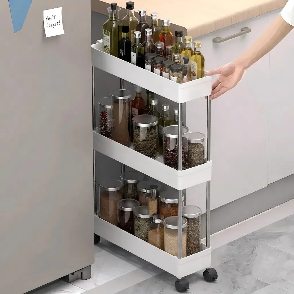 3-Tier Narrow Gap Mobile Storage Rack, Ultra-Narrow PP Plastic Utility Cart, Universal Wheels, Stainless Steel Tube, Multifunctional Kitchen Organizers, Ideal for Bathroom, Kitchen, Bedroom