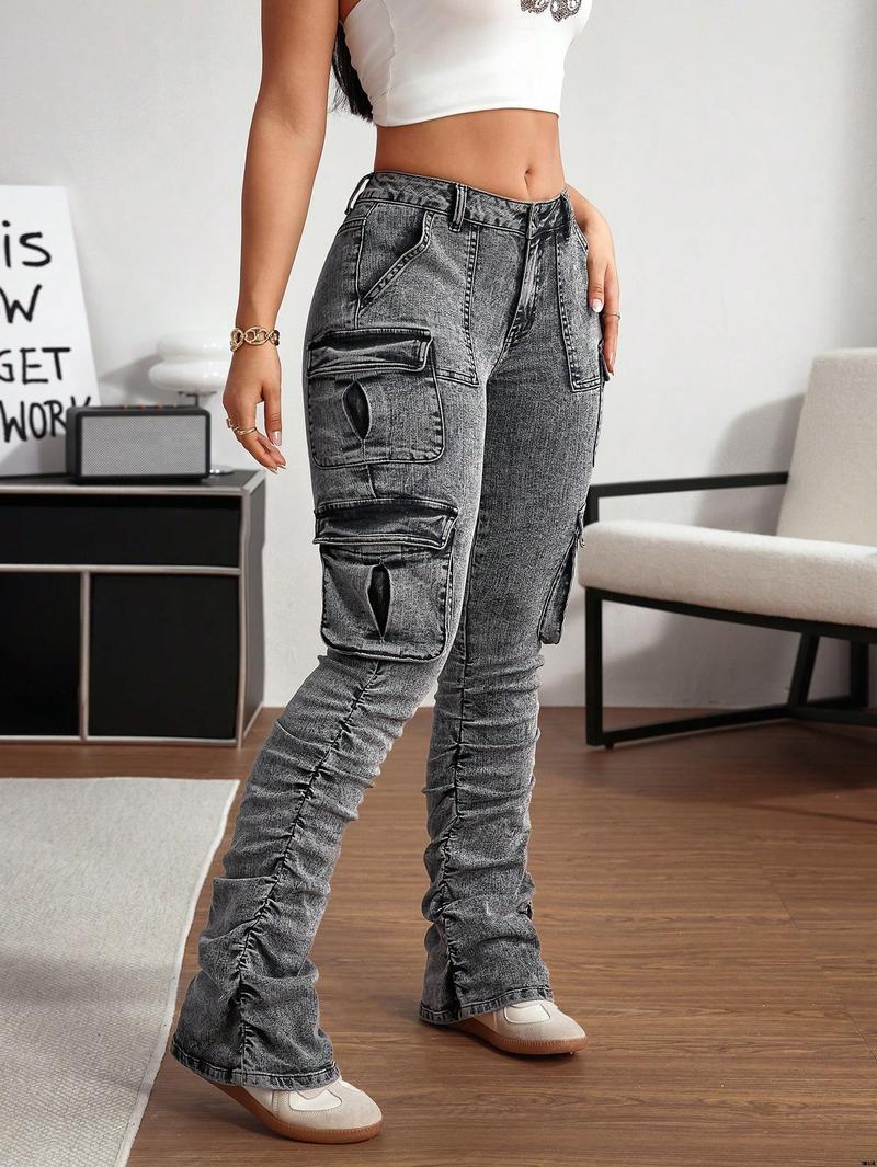 jeans style street folding pockets flap women's ICON SHEIN