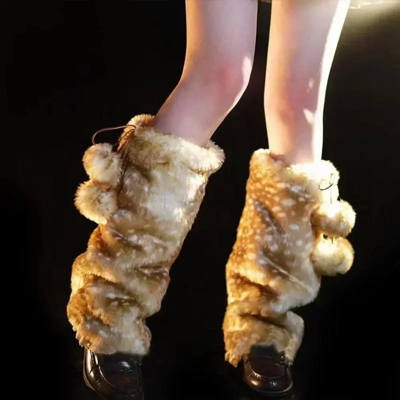 Women's Winter Elastic Reindeer Plush Faux Fur Leg Warmers - Kawaii Look, Gothic Punk High Boot Socks Covers, Performance Costume Brown Clothes, Japanese, Reindeer Shape, Boot Covers