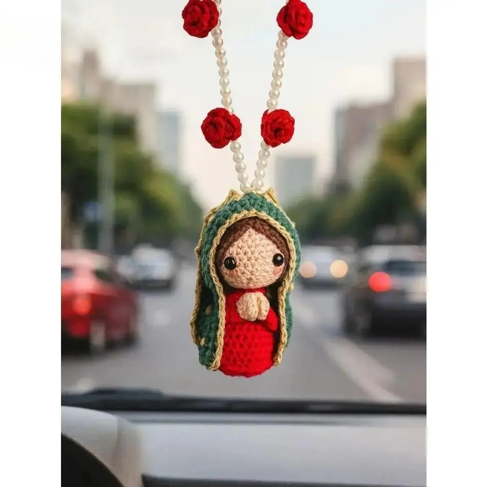 Handmade Crochet Car Rearview Mirror Hanging Ornament, Blessed Virgin Mary Statue Pendant, Cute Religious Catholic Car Interior Decor, Rearview Mirror Charm Accessories for Women, Perfect for Daily Decoration & Religious Gift Giving, Cars, Accessories For