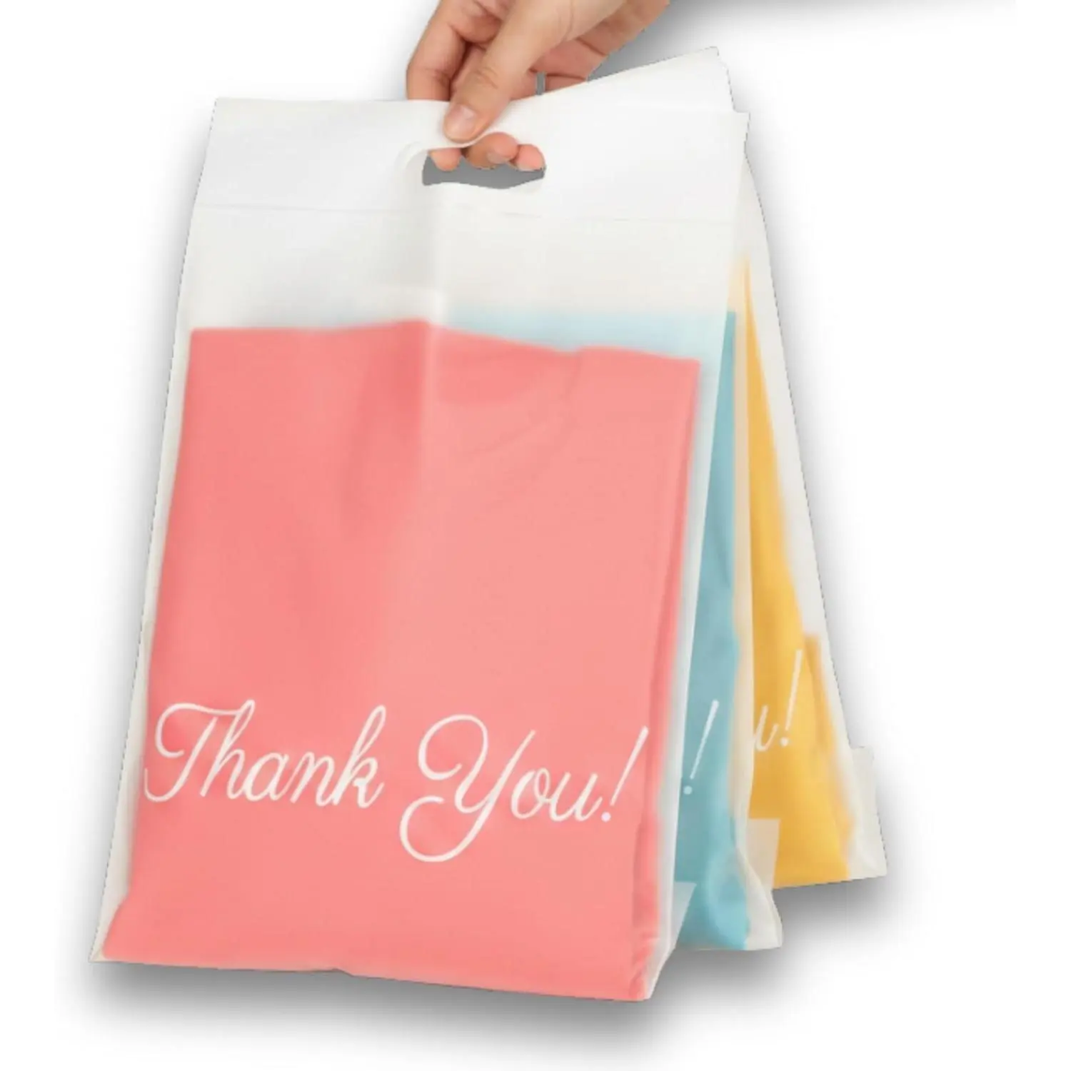Frosted Thank You Bags for T-Shirts with Handle, 10x13, 100 Pack | shipping bags for clothes, shirt packaging for small business, boutique poly mailers, plastic envelope mailers for clothing