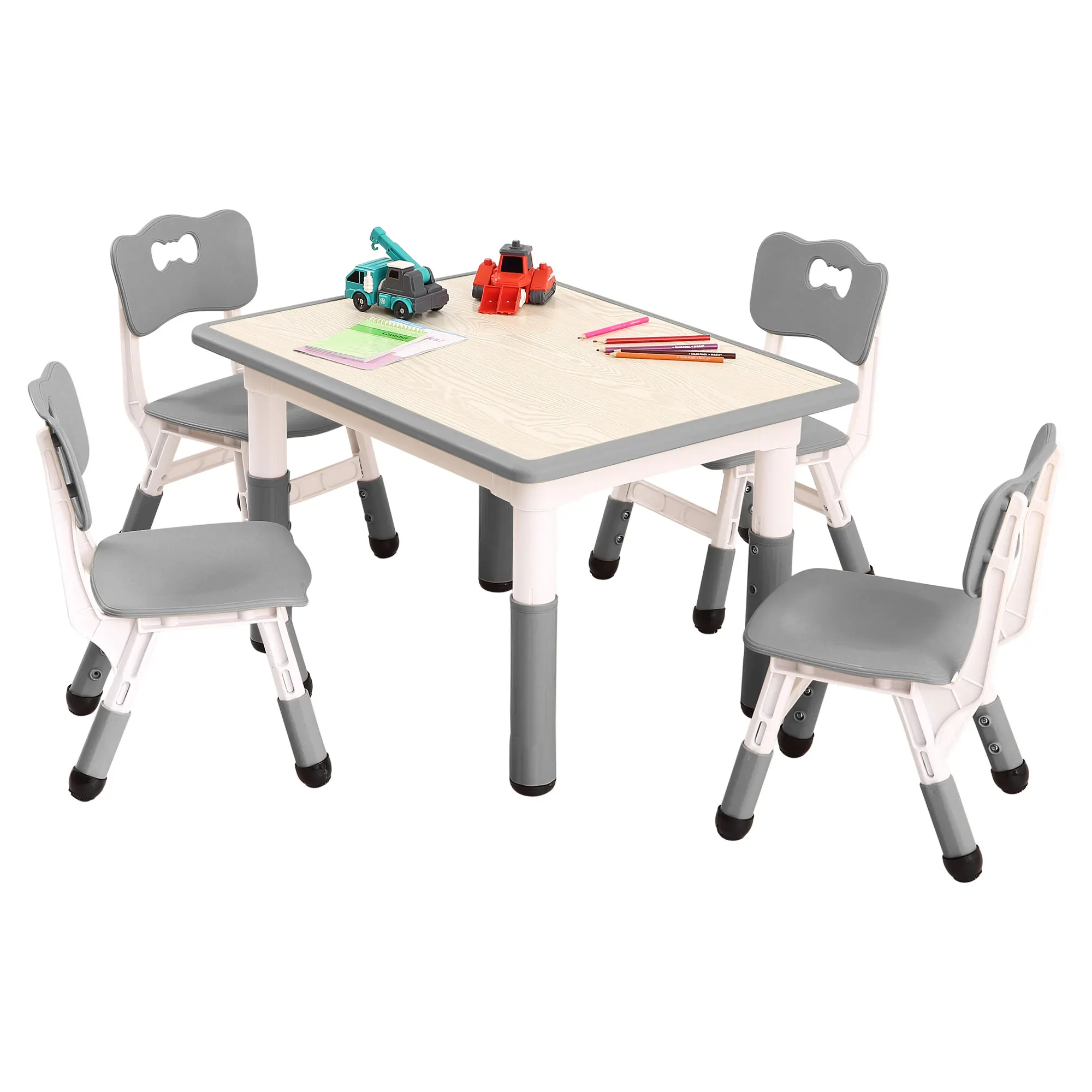 5 PCS Kids Table and Chair Set, Height Adjustable Toddler Activity Table with 4 Chairs, Writable & Wipeable Tabletop for Drawing, Learning, Playroom, 31.5"x23.6"