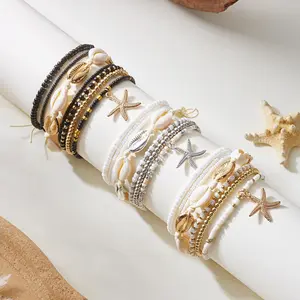 Boho Starfish Shell Anklet Set for Women Summer Beach Seed Bead Stretch Anklet Bracelet Cute Coastal Foot Jewelry for Vacation Festival Beach Party & Everyday Summer Outfit, Metal Coating