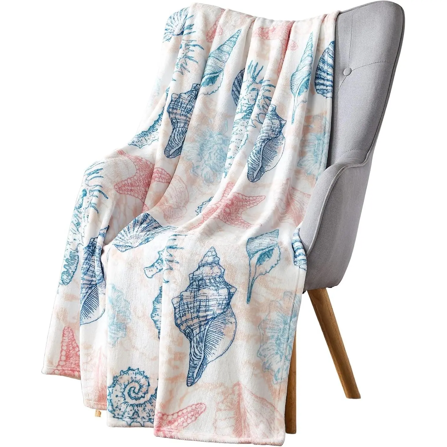 Decorative Ocean Life Coastal Throw Blanket - Soft Plush Velvet Fleece in Calming Blues and Coral Pink, Cozy Accent for Sofa, Couch, Chair, Bed, or Dorm(Gift)