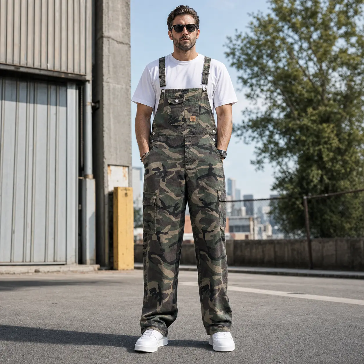 Men's Camo Cargo Overalls - Heavyweight Cotton Polyester Classic Casual Retro Loose Fit Outdoor Workwear Jumpsuit, Long Utility Dungarees for Streetwear & Festival Menswear