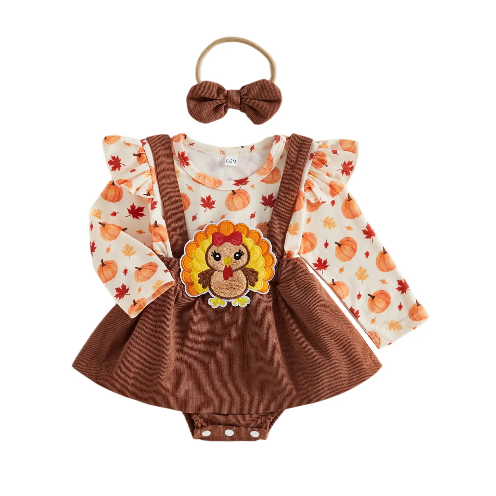 Infant Baby Girl Thanksgiving Outfit Long Sleeve Romper Overalls Dress and Headband 2Pcs Fall Winter 0-18 Months
