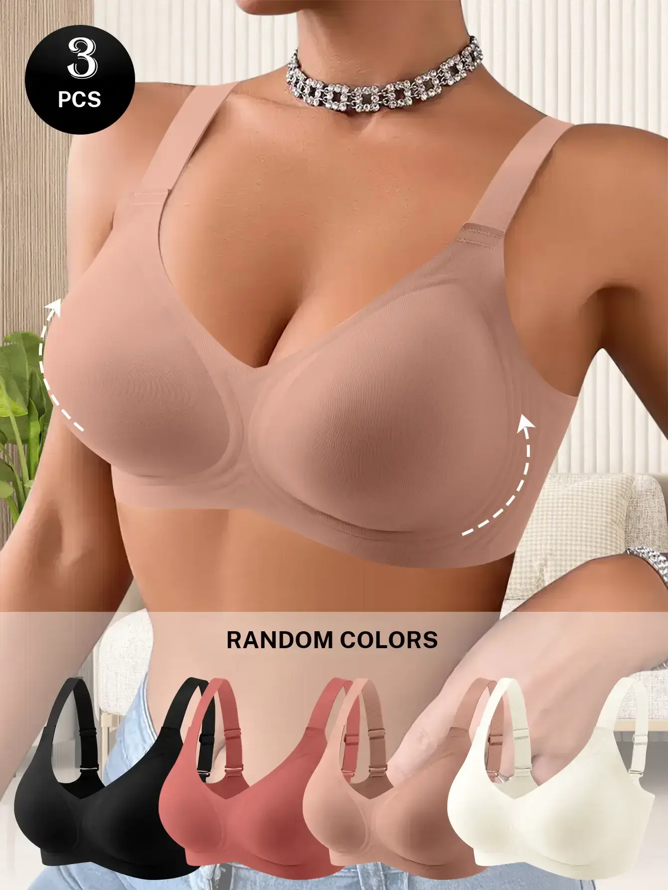 QUASTI Random Colors Women's Seamless Wireless Jelly Band Push Up Bras, Sexy Lightweight Solid Color Bralettes, Breathable Soft Stretch Cup Lifting Underwear, Invisible Skin Friendly Everyday Shaping Lingerie Set, S XXL summerwins