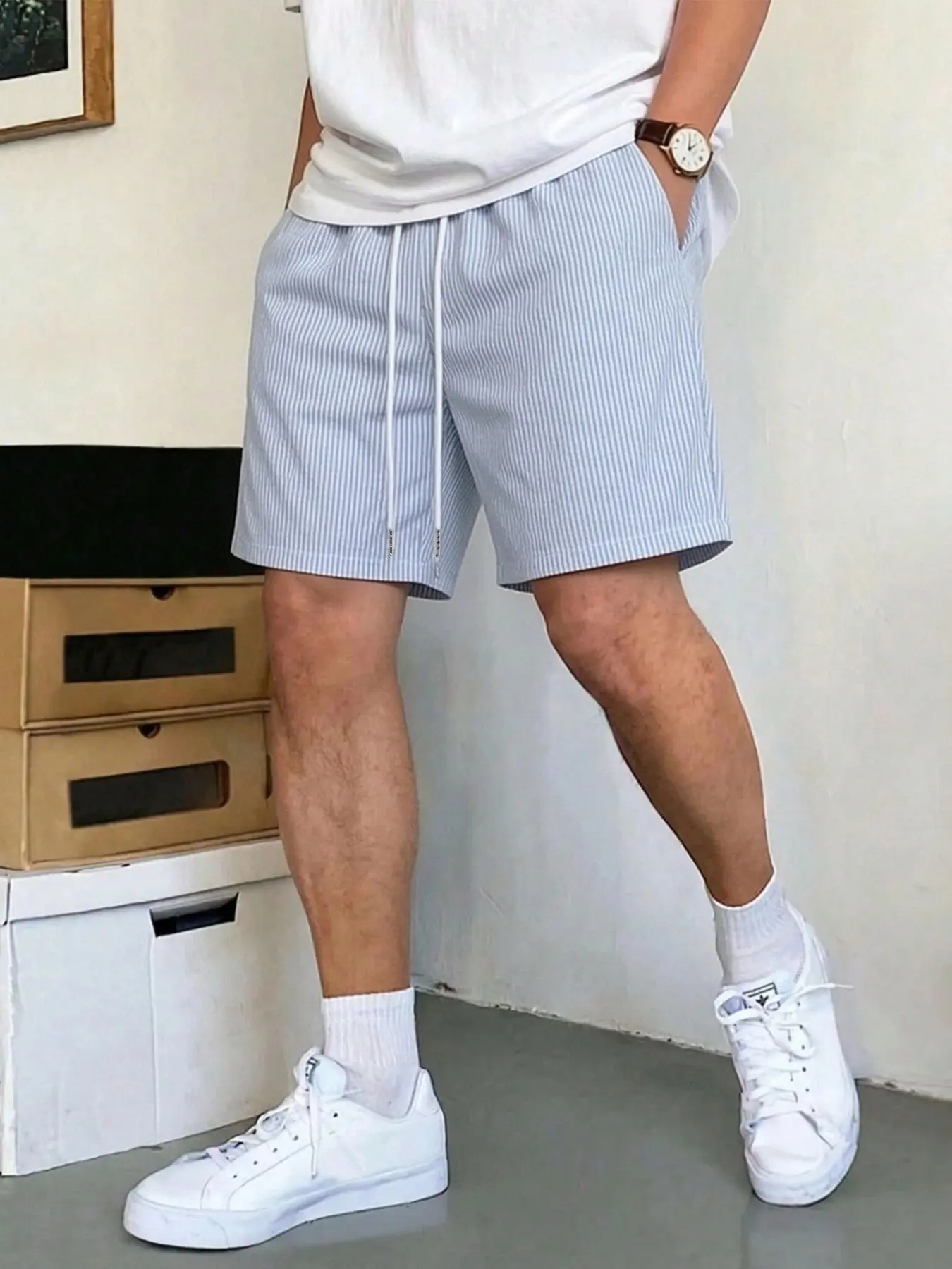 Men's Vertical Striped Casual Baggy Shorts With Oversized Loose Cut & White Drawstring Waistband, Suitable For Summer Outdoor Activities, Daily Commute And Beach Vacation Outfits