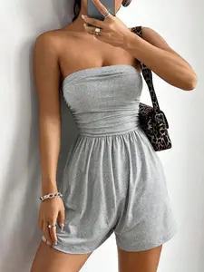 Summer Sexy Ruched One-Piece Pants, Sleeveless High-Waist Loose-Fit Short Pajama Set, Women Solid Color Design for Travel & Holidays
