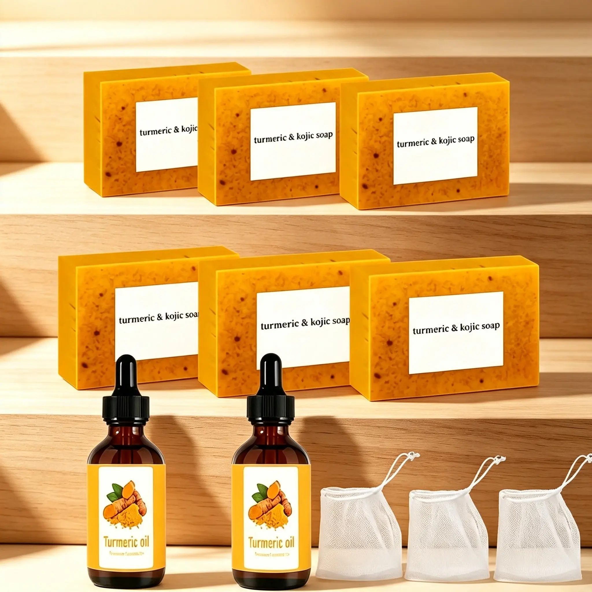 6pcs Turmeric Kojic Acid Moisturizing Brightening Soap, 2pcs Turmeric Essential Oil, Natural Face & Body Cleansing Kit, Solid Soap with Soap Bags