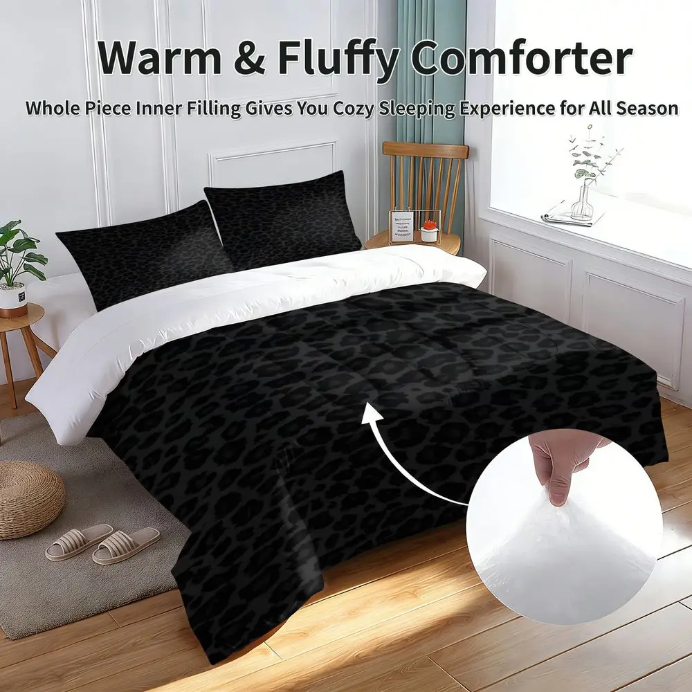 2/3Pcs Luxury Black Leopard Print Comforter Set, Modern Animal Skin Quilt Bedding Set, Soft Aesthetic Bedroom Decor, All Season Bedding Set with Pillowcase, Stylish Bedding for Adults No Pillow Core