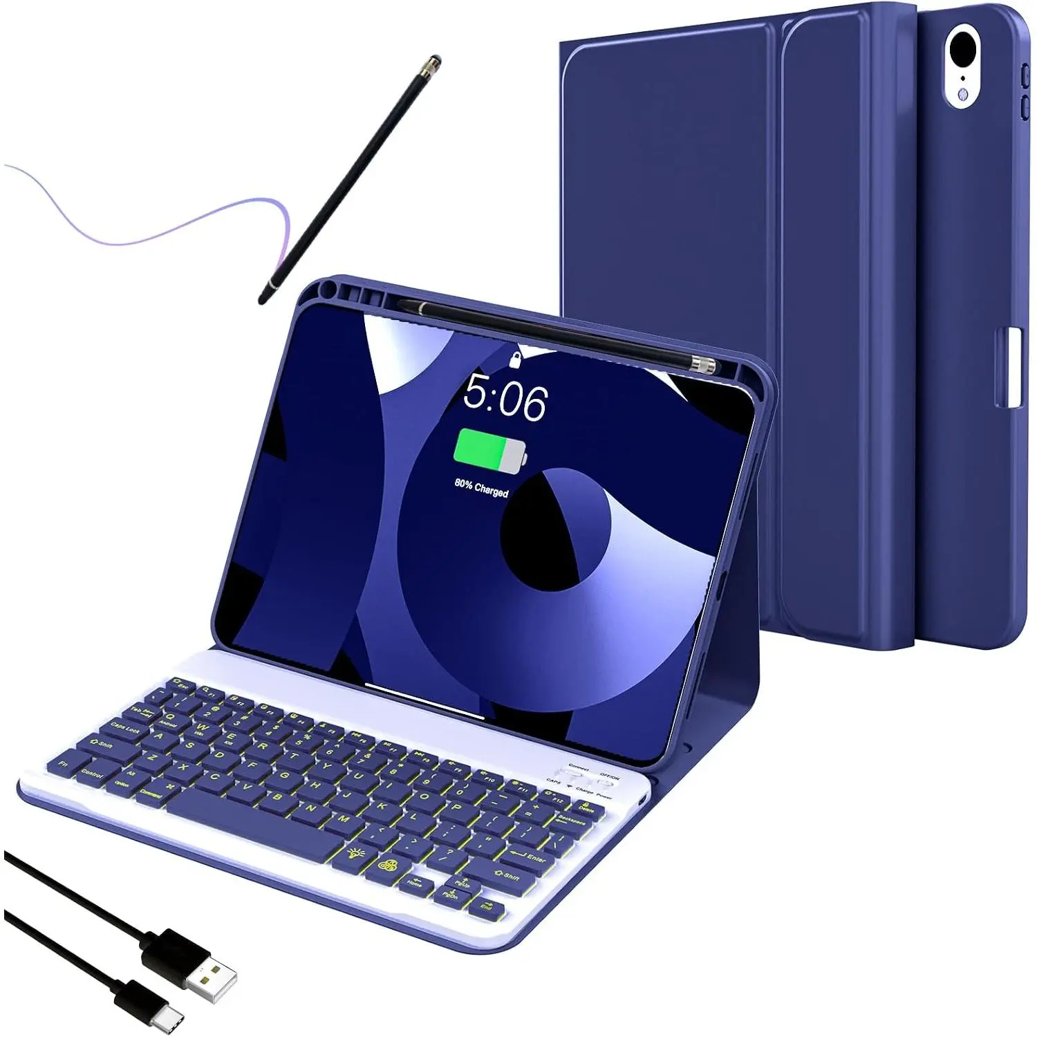 Rechargeable Mechanical Tablet Keyboard Case with Button for 10.9in 2022 iPad 10th Gen - Adjustable 7-Color Backlit, Detachable, Pencil Holder, Pencil + Cloth, Lavender Tablet Accessories (Compatible with Android Devices)
