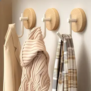 1pc/3pcs Wall-Mounted Coat and Hat Hook, Walnut Wood Finish, No-Drill Adhesive Hook, Waterproof Wall Hook, Bathroom Hook, Kitchen Hook, Key Hook, Clothes Hook, Suitable for Home and Office, Utility Hooks
