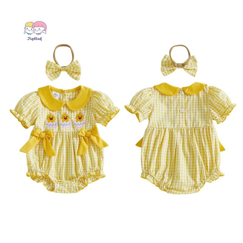 Baby Girl Easter Outfits Short Sleeve Chick Embroidery Romper with Headband Set Newborn Clothes