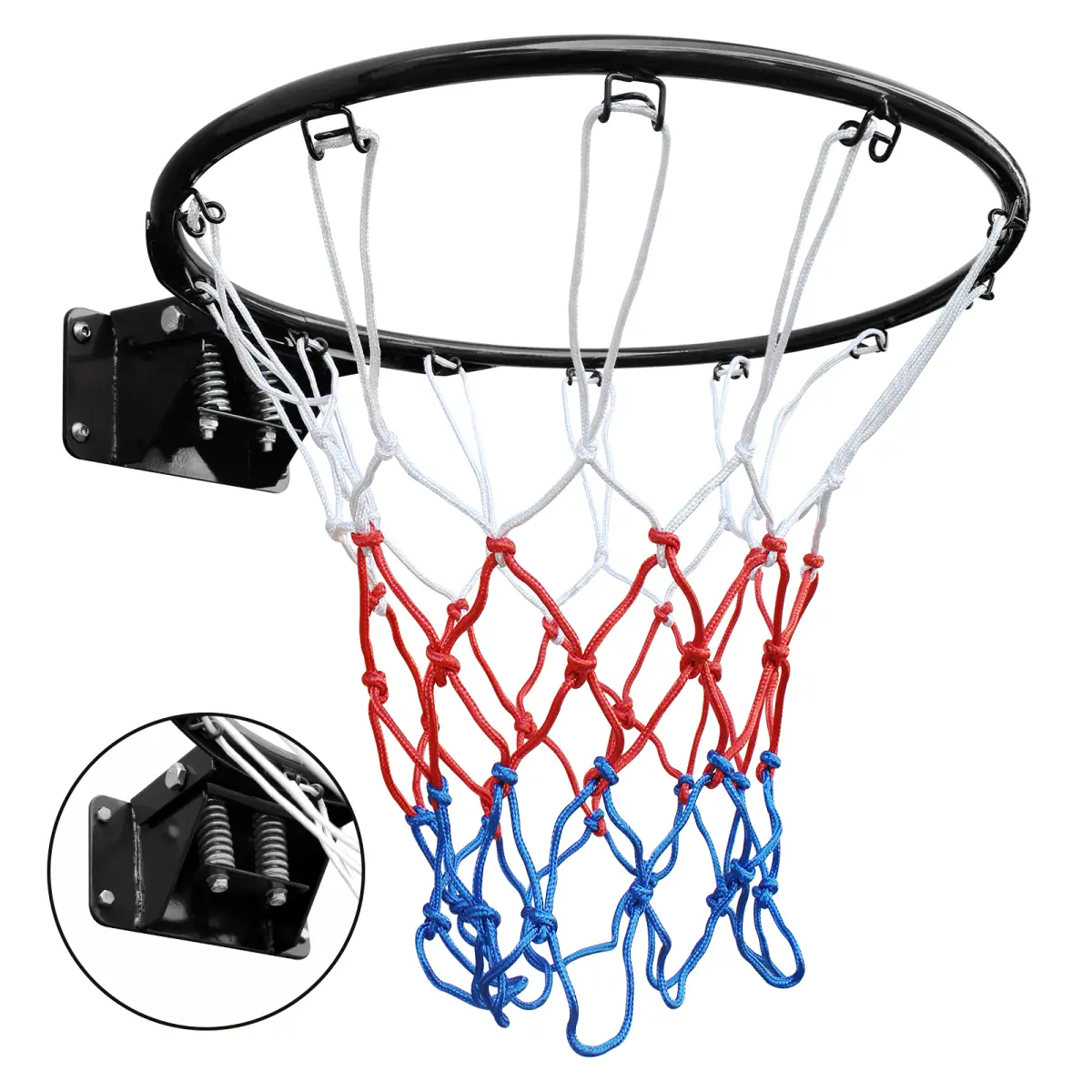 Black Double Spring Metal Basketball Rim - 18-in Fixed Steel Hoop with Standard Mount, Easy Installation, Nylon Net, Sturdy Structure for Indoor/Outdoor Children Use