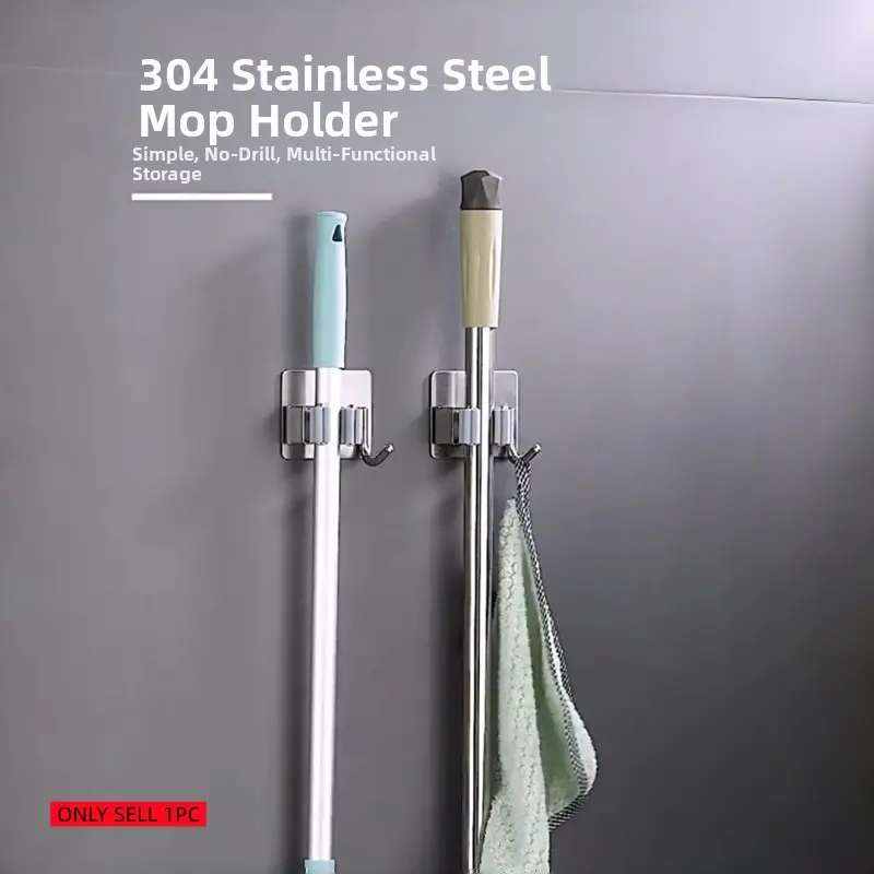 Stainless Steel Wall-Mounted Mop and Broom Rack, Broom Hanger, No Drilling, Multi-Functional Storage Organizer for Bathroom, Kitchen, Garden