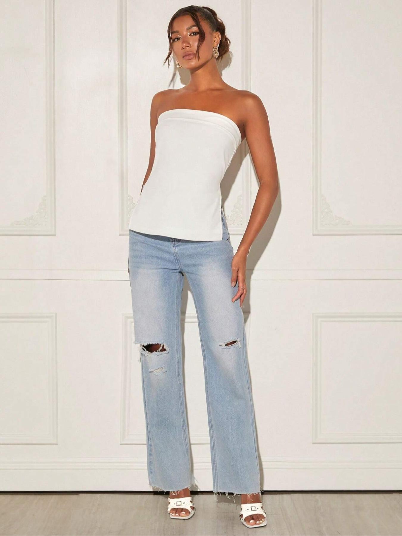 Women's Summer Plain Knit Sexy Crop Top, Fashionable Backless Strapless Sleeveless Vest, Slim Fit Casual Commuter Wear, Daily